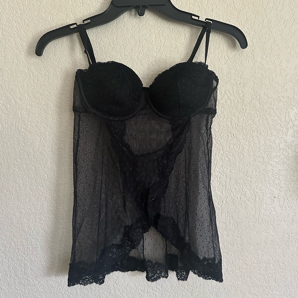 Victorias Secret Sexy Little Things Black Sheer Teddy Short Gown, beads 34B